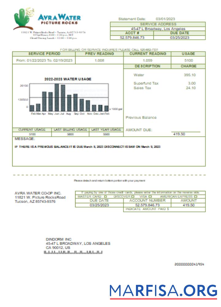 Printable Avra Water Co Op utility business bill, SCR real example